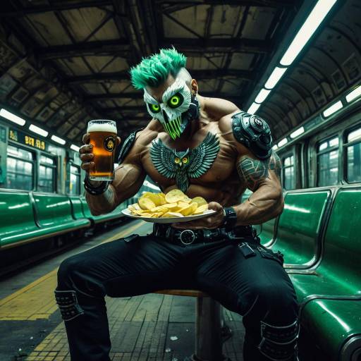 Muscular Man with Cybernetic Arms Eating Chips on Futuristic Train Muscular Man with Cybernetic Arms Eating Chips on Futuristic Train