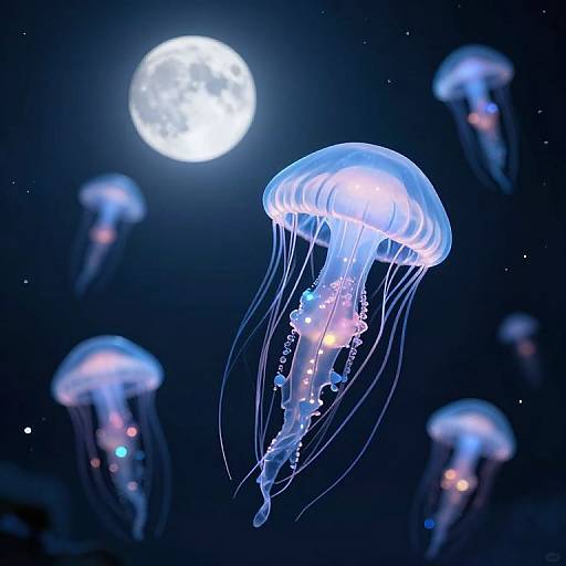 Photograph of glowing blue jellyfish with translucent bodies and long tentacles, floating in dark blue ocean water under a bright, full moon.