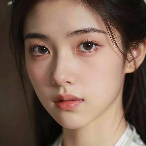 Close-up photograph of an East Asian woman with fair skin, dark brown eyes, and slightly parted, glossy pink lips, wearing a white shirt, with