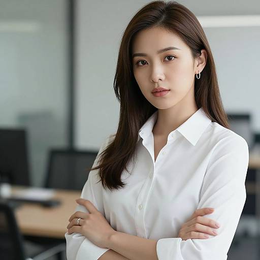 Photograph of a young Asian woman with straight black hair, wearing a white button-down shirt, standing with arms crossed in a modern office.