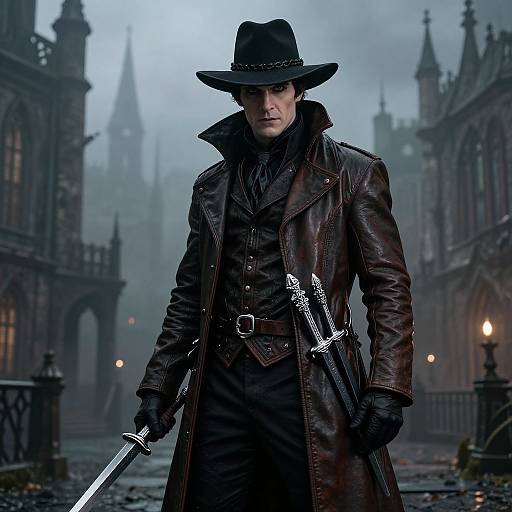 Photograph-style CGI of a stern, dark-haired man in a black leather coat and hat, holding a sword, standing in a foggy, Gothic