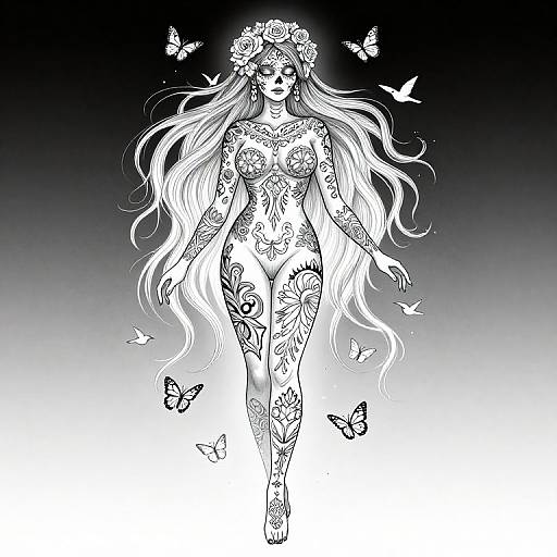 Black-and-white digital illustration of a tattooed, long-haired woman with floral headpiece, surrounded by butterflies, walking gracefully. Background gradient from black to