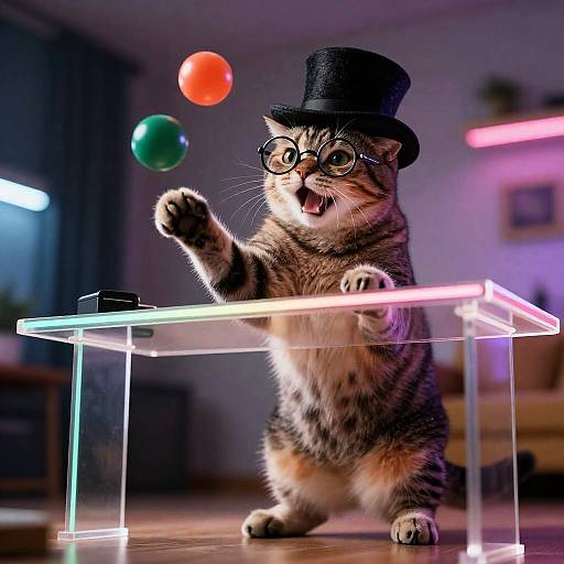 Cat Juggling Balls in Top Hat and Glasses