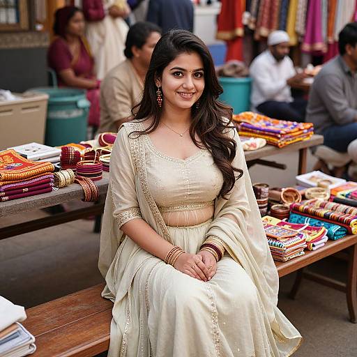 Photograph of a smiling Indian woman with long black hair in a white embroidered saree, seated in a bustling market stall.