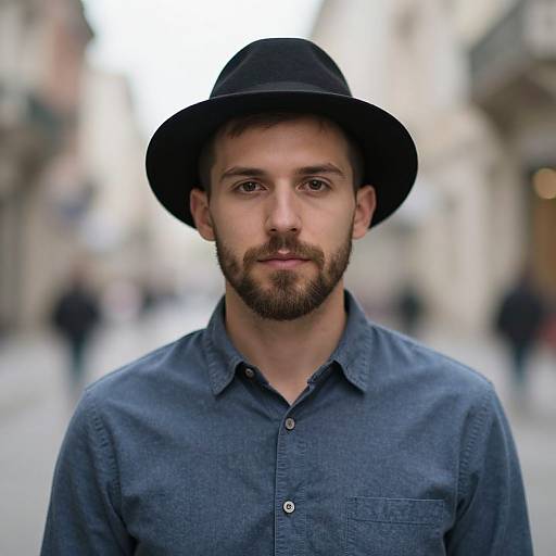 Photograph of a bearded man with a black hat and blue shirt, standing on a blurred, urban street. Blurred background suggests depth of field