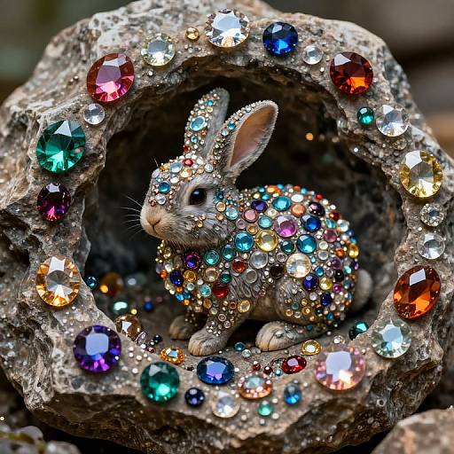 Photograph of a small, glittering rabbit adorned with multicolored gemstones, nestled within a rough, gemstone-encrusted rock formation