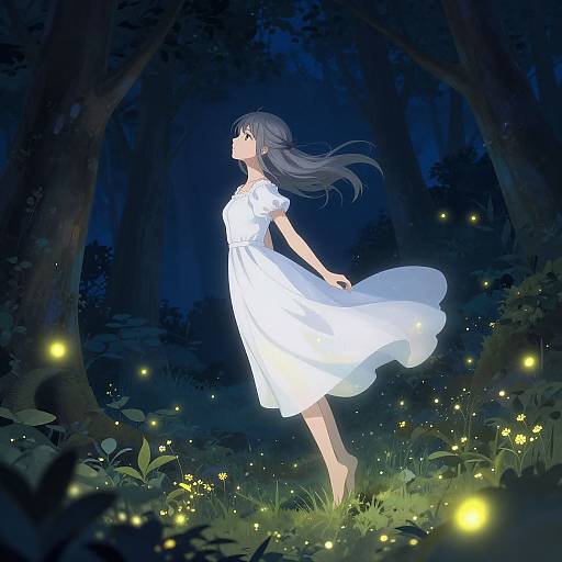 Anime-style digital drawing of a woman in a flowing white dress, standing in a dark forest with glowing fireflies. Her long black hair blows gently in