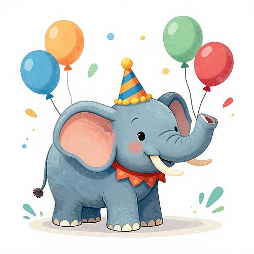 Colorful cartoon drawing of a happy blue elephant wearing a party hat, red bow, holding four balloons (orange, green, red, blue).