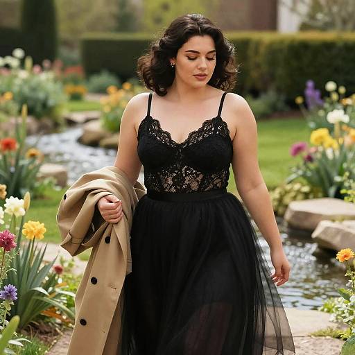 Photograph of a curvy, fair-skinned woman with dark wavy hair, wearing a black lace dress and holding a beige coat, walking through