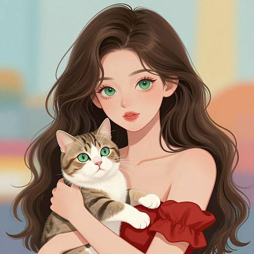 Digital anime-style drawing of a beautiful woman with long brown hair, green eyes, and red off-shoulder top, holding a green-eyed tabby