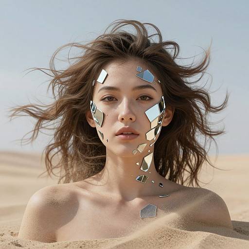 Photograph of a topless woman with tousled brown hair, face partially covered in reflective silver fragments, standing in a sunlit desert.
