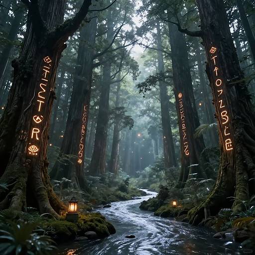 Digital art of a mystical forest with tall trees, glowing lanterns, illuminated runes, and a flowing stream. Enchanted, ethereal ambiance.