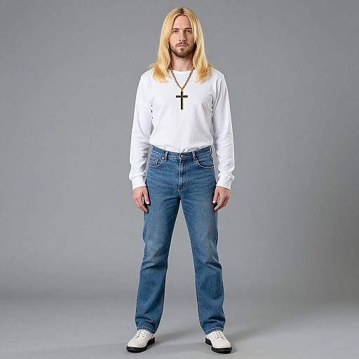 Photograph of a blonde, bearded man with long hair, wearing a white long-sleeve shirt, blue jeans, white shoes, and a