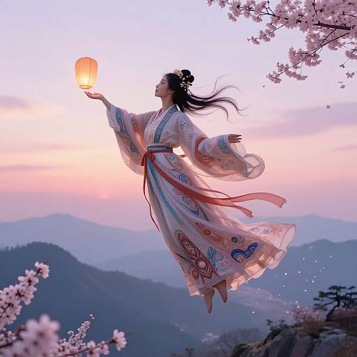 Digital artwork of a graceful Asian woman in a flowing white kimono, holding a glowing lantern, floating among cherry blossoms at sunset over mountainous landscape