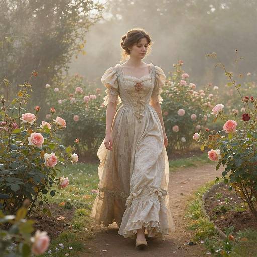 Photograph of a fair-skinned woman in a vintage cream-colored dress, with brown hair in an updo, walking through a sunlit rose garden