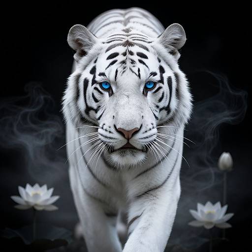 Photograph-style digital art of a white tiger with striking blue eyes, black stripes, and a focused gaze, surrounded by white lotus flowers against a