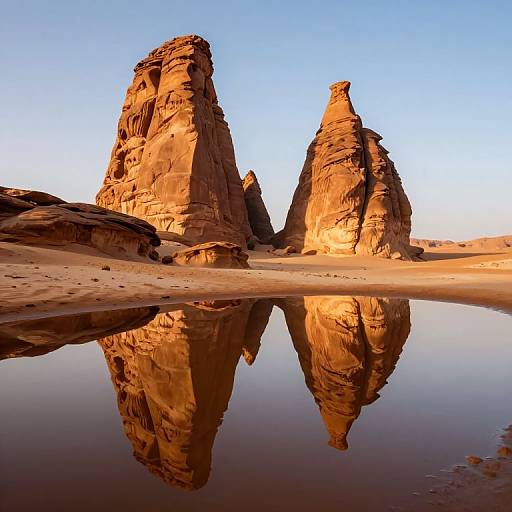 Photograph of two towering, sunlit red rock formations reflected in a calm desert pool under a clear blue sky.
