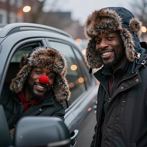 Joyful Winter Companions in City Lights