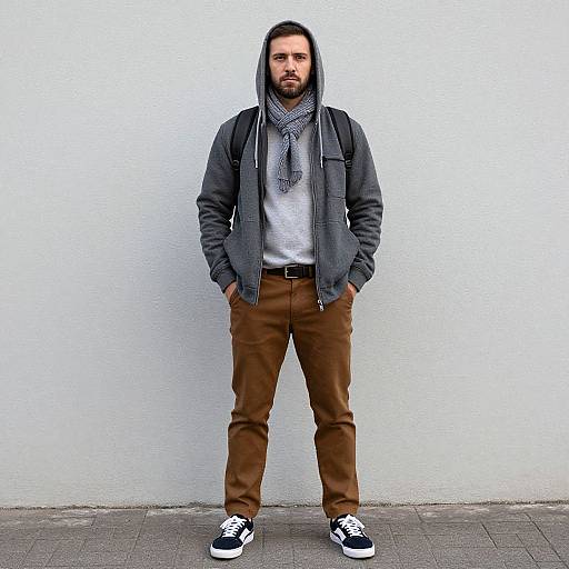 Photograph of a bearded man with medium build, wearing a gray hoodie, white t-shirt, brown pants, black sneakers, and gray scarf,