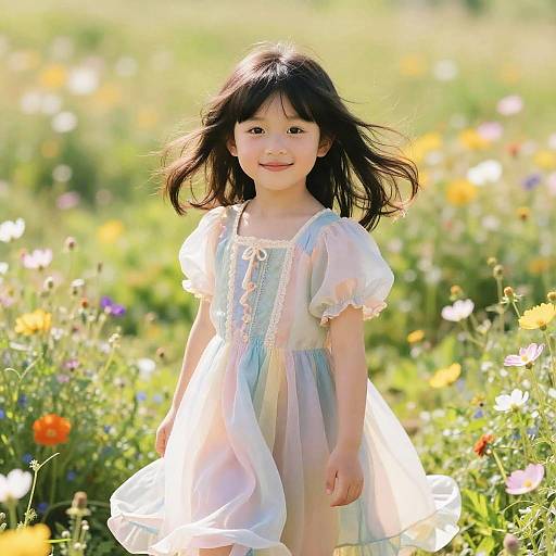 Photograph of a smiling young Asian girl with black hair, wearing a white, short-sleeved, lace-trimmed dress, standing in a