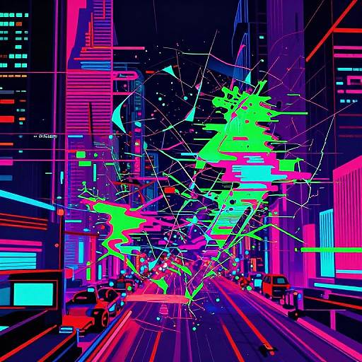 Neon-lit, cyberpunk cityscape with shattered, glowing, neon-green and pink grid overlay on a dark, futuristic street, filled with illuminated