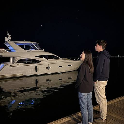 Photograph of a couple standing on a nighttime dock, gazing at a brightly lit white yacht with blue accents.
