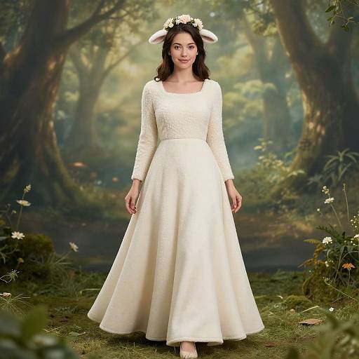 Photograph of a young woman in a white, long-sleeve, lace wedding dress with a floral headpiece, standing in a lush, forest