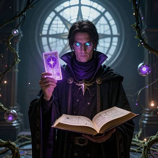 Cyberpunk Mage with Glowing Tarot