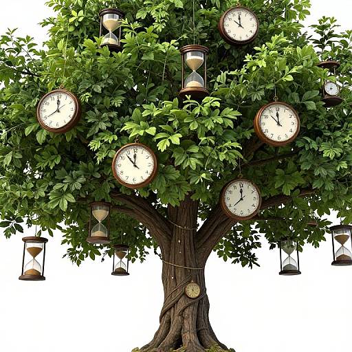 Digital illustration of a lush green tree with multiple clocks and hourglasses hanging from its branches, set against a white background.