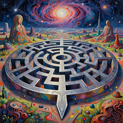 Vibrant, surreal digital artwork of a circular labyrinth with intricate patterns, surrounded by colorful, swirling cosmic background, and two serene, statue-like figures