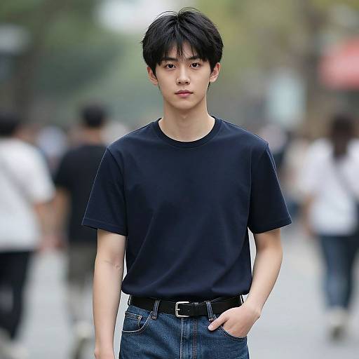 Photograph of an Asian man with black hair, wearing a black t-shirt and blue jeans, standing in a blurred city street. Background includes indist