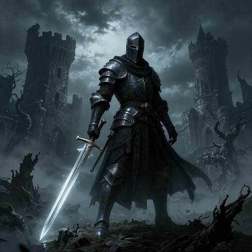 Dark fantasy illustration: armored knight with glowing sword stands before foreboding, ruined castle towers under stormy, moonlit sky. Mysterious, ominous