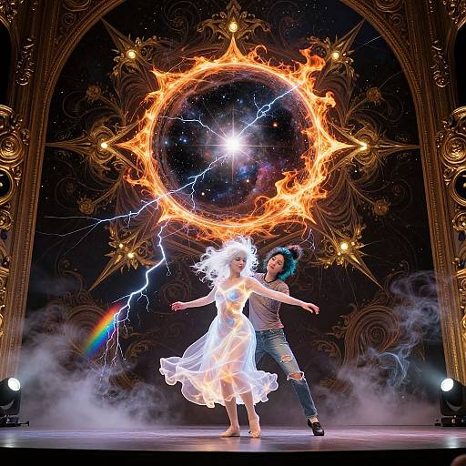 Digital art: Dancing woman in white dress and man in jeans, surrounded by fiery circular vortex, lightning, and rainbow, on ornate stage.