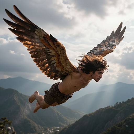 Photograph of a shirtless, long-haired man with large, brown-feathered wings flying over a mountainous landscape, sunlight breaking through clouds behind