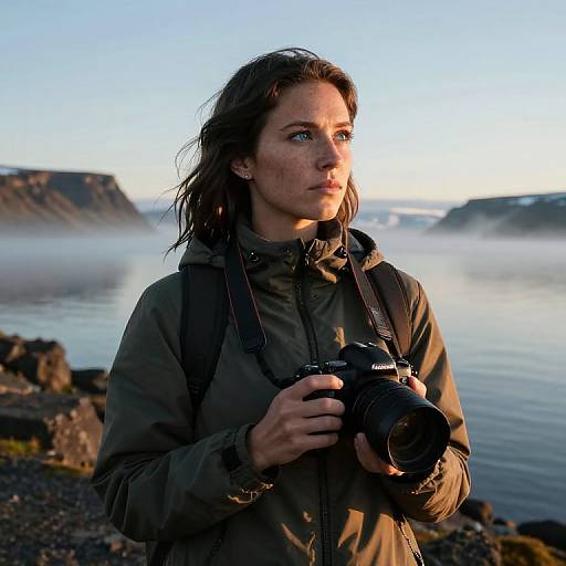 Photograph of a focused, wet-haired woman with blue eyes, wearing a green jacket, holding a camera, standing by a misty, rocky coastal