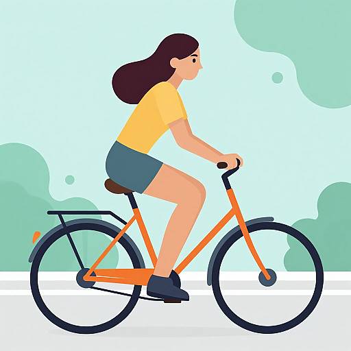 Digital illustration of a woman with long brown hair, wearing a yellow shirt and gray shorts, riding an orange bicycle against a light blue and green abstract background