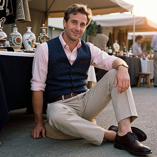 Photograph of a smiling, middle-aged man with short brown hair, wearing a pink shirt, navy vest, beige pants, and brown shoes, sitting