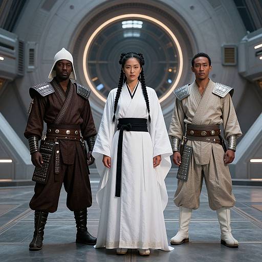 Photograph of three Asian martial artists in sci-fi attire: central woman in white kimono, flanked by men in dark and beige robes, standing