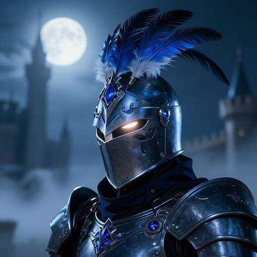 Digital art of a knight in shiny, blue-accented armor with blue and white feathers, glowing eyes, and a full moon backdrop.