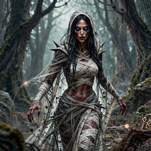Digital artwork of a fierce, dark-haired woman with glowing blue eyes, wrapped in tattered white bandages, standing in a misty, forested