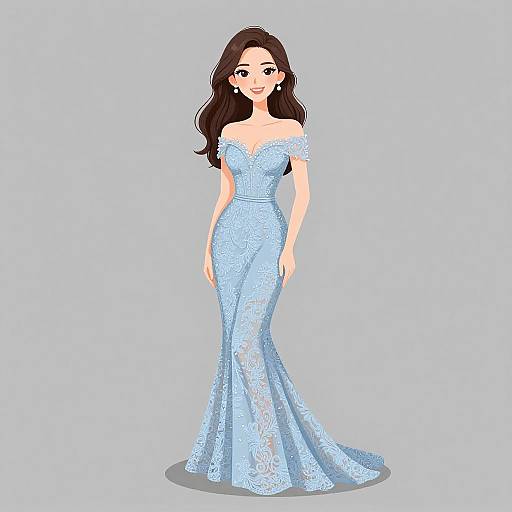 Digital illustration of a smiling woman with long brown hair in an off-shoulder, light blue lace evening gown, standing against a plain light gray background