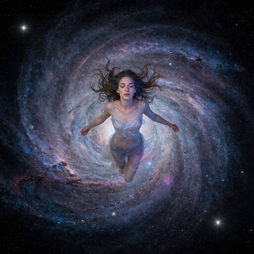 Photograph-like digital artwork of a floating, ethereal woman with long brown hair, glowing white dress, and serene expression, centered in a swirling galaxy