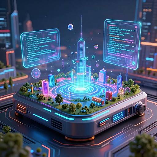 CGI digital art: futuristic city square with glowing neon skyscrapers, holographic code screens, and a glowing central hub surrounded by miniaturized