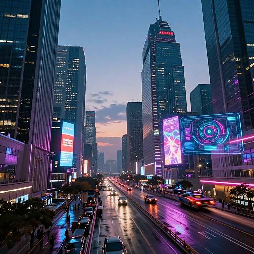 Photograph of a vibrant, neon-lit urban street at dusk, featuring tall skyscrapers, colorful digital billboards, wet roads reflecting lights,