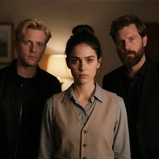 Serious Trio in Dimly Lit Room