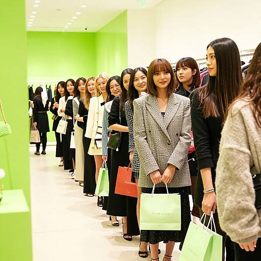 Photograph of diverse women in a brightly lit, green-walled shopping mall, wearing black and white outfits, holding shopping bags, standing in a line