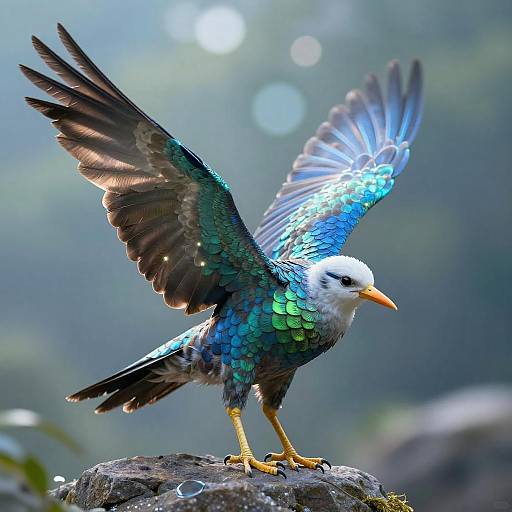 Iridescent Fantastical Bird on Rock