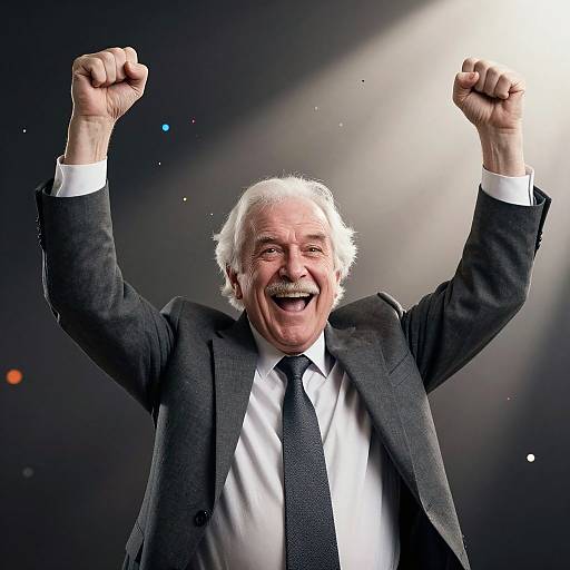 Photograph of an elderly white man with white hair, smiling broadly, raising both fists in a dark suit and tie, under bright stage lights.