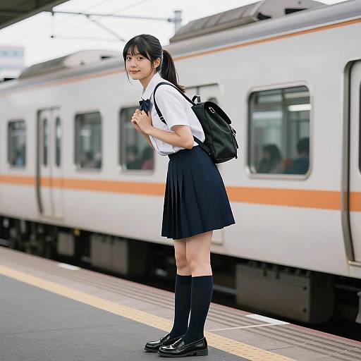 Asian Schoolgirl on Train Platform