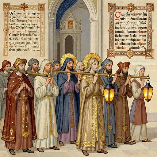 Illustration of a group of medieval-style religious figures in ornate robes, holding a golden staff, standing in a church-like setting. Text in Gothic